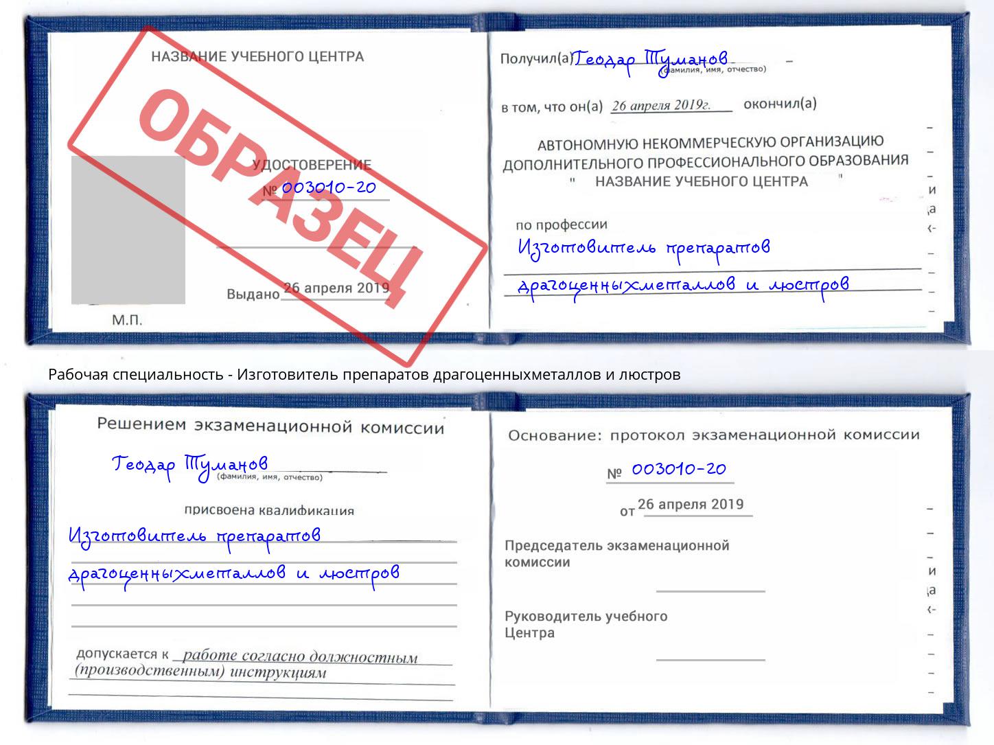 Изготовитель препаратов драгоценныхметаллов и люстров Узловая