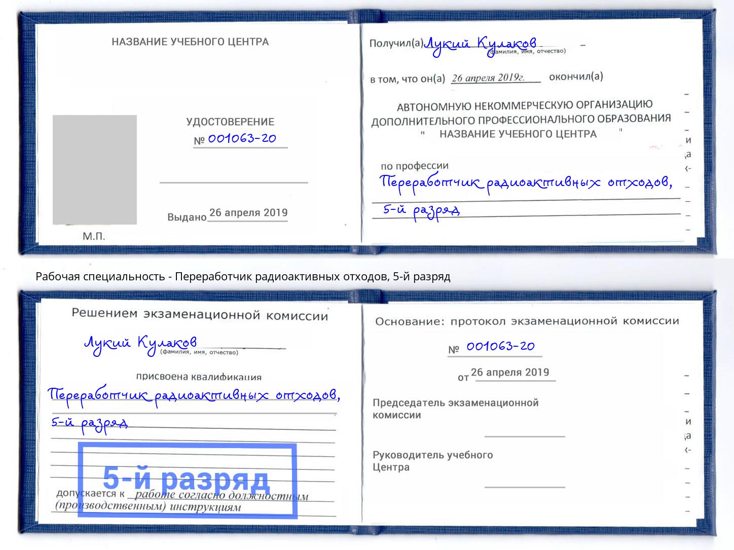 корочка 5-й разряд Переработчик радиоактивных отходов Узловая