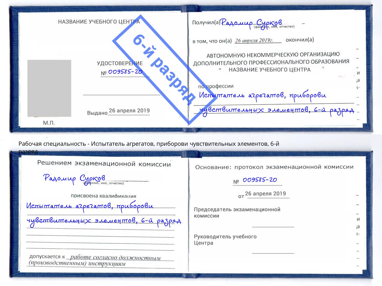 корочка 6-й разряд Испытатель агрегатов, приборови чувствительных элементов Узловая