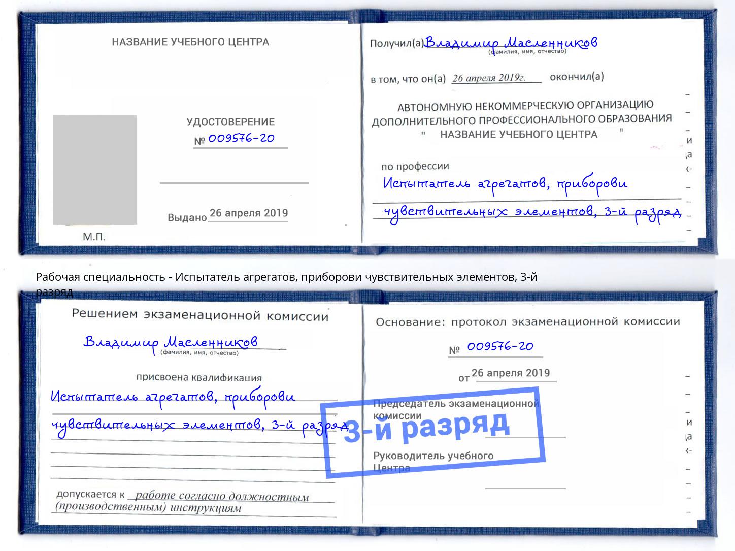 корочка 3-й разряд Испытатель агрегатов, приборови чувствительных элементов Узловая