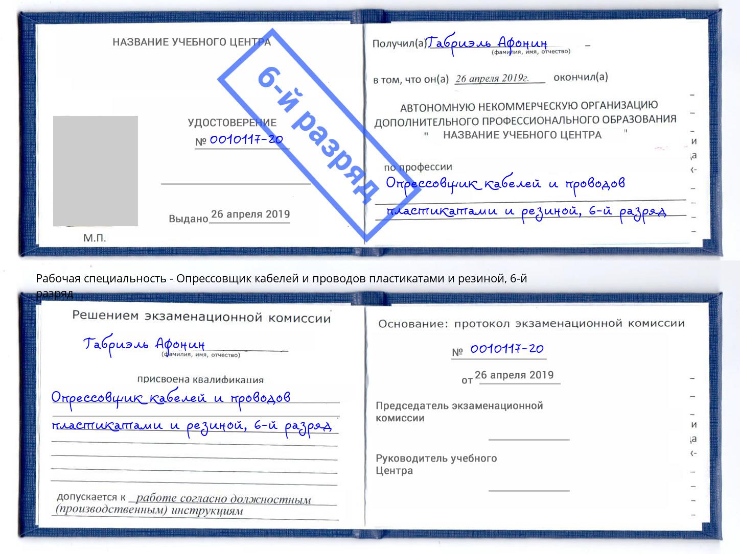 корочка 6-й разряд Опрессовщик кабелей и проводов пластикатами и резиной Узловая