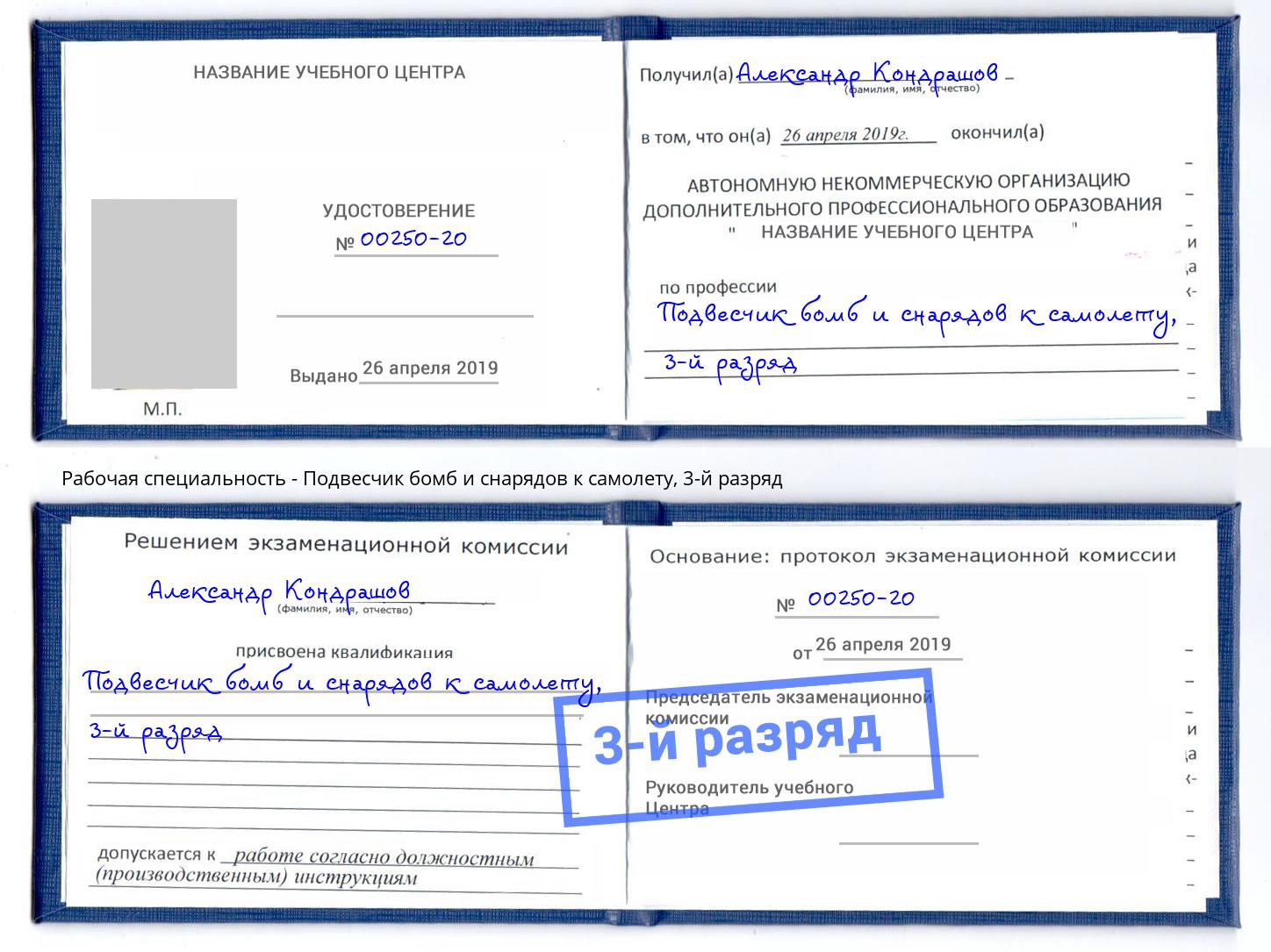 корочка 3-й разряд Подвесчик бомб и снарядов к самолету Узловая