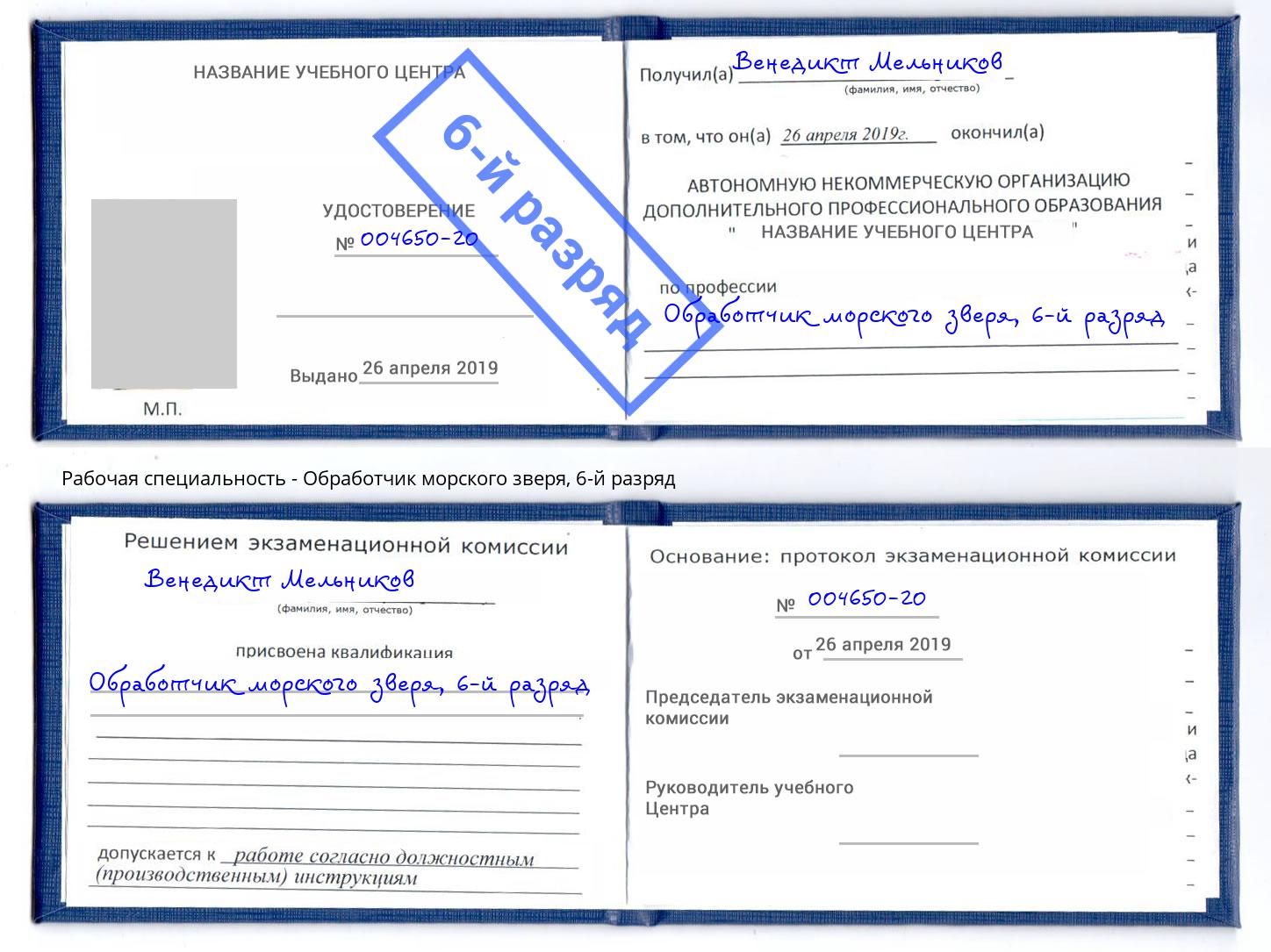 корочка 6-й разряд Обработчик морского зверя Узловая