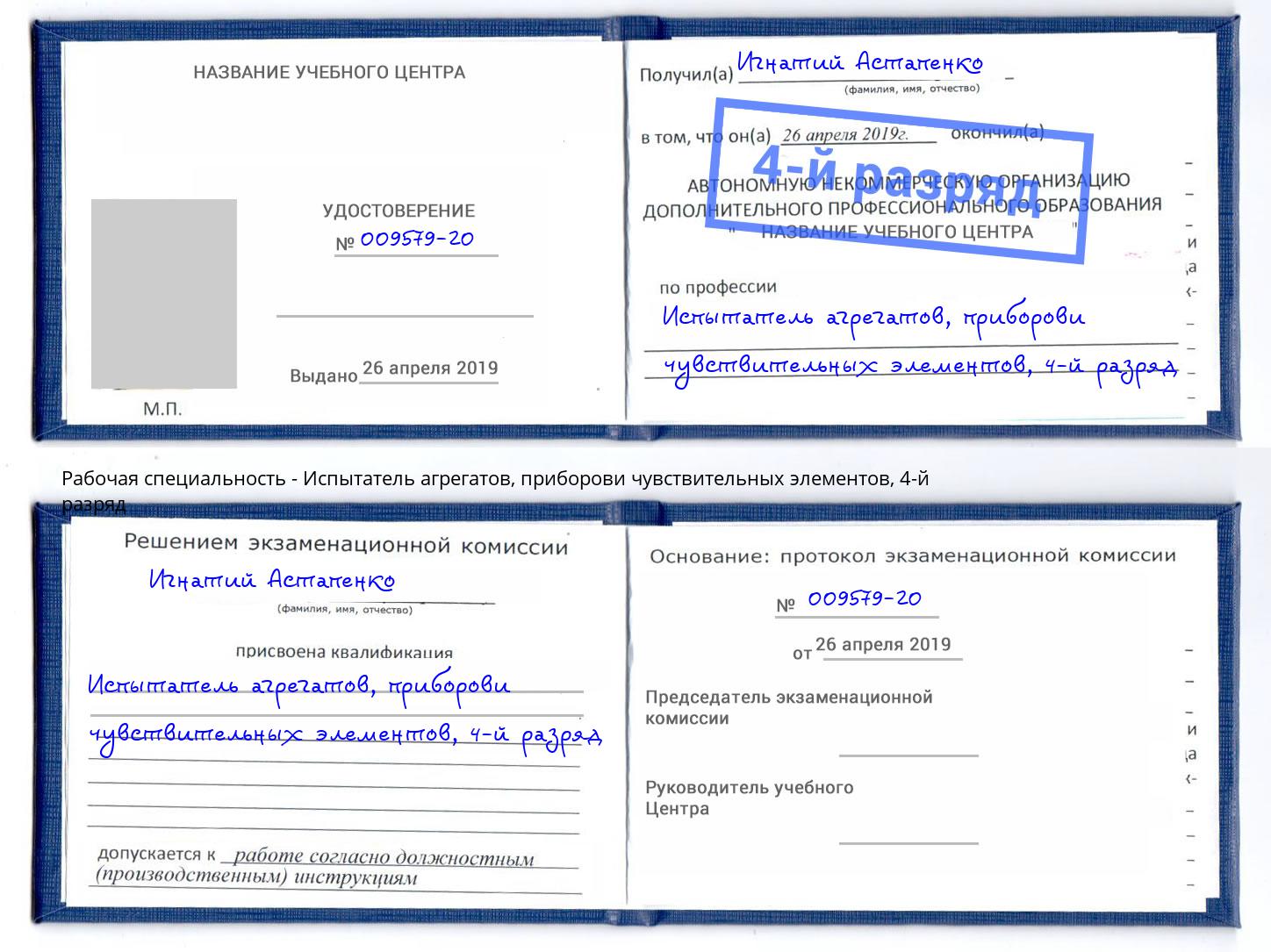 корочка 4-й разряд Испытатель агрегатов, приборови чувствительных элементов Узловая