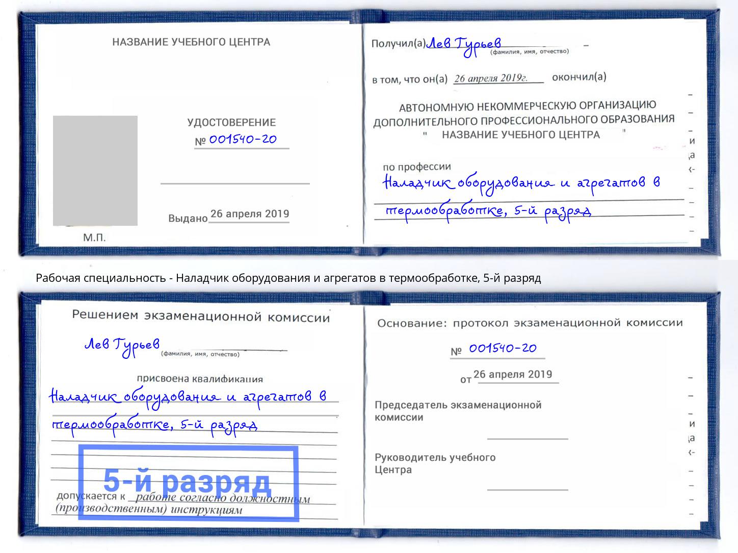 корочка 5-й разряд Наладчик оборудования и агрегатов в термообработке Узловая