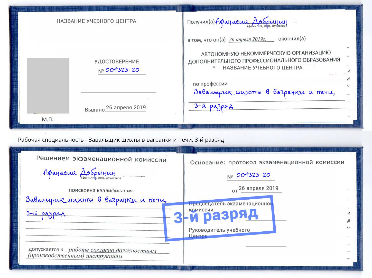 корочка 3-й разряд Завальщик шихты в вагранки и печи Узловая