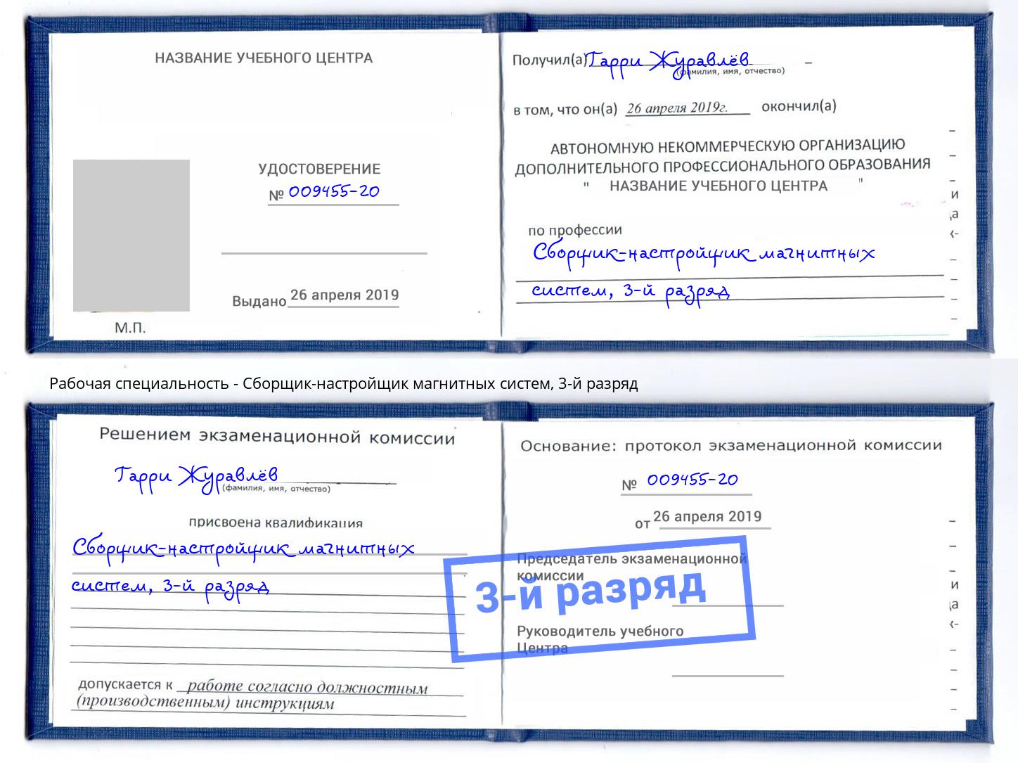 корочка 3-й разряд Сборщик-настройщик магнитных систем Узловая