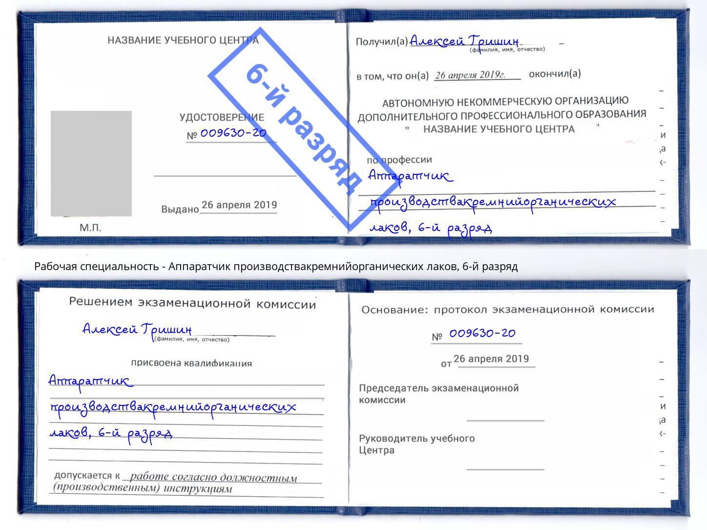 корочка 6-й разряд Аппаратчик производствакремнийорганических лаков Узловая