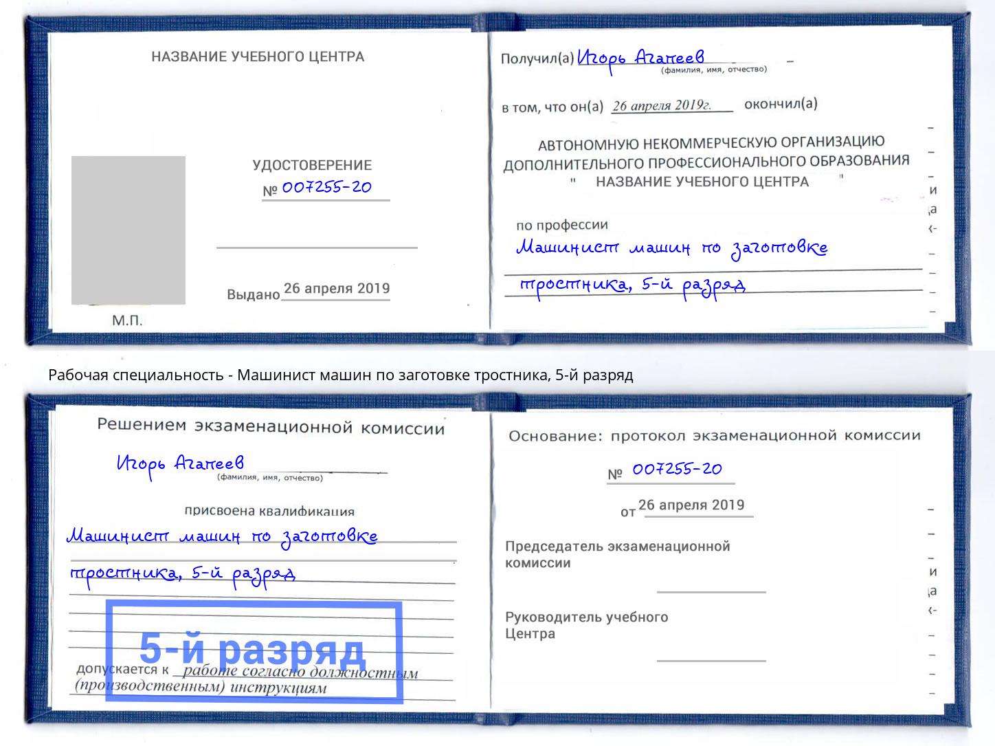корочка 5-й разряд Машинист машин по заготовке тростника Узловая