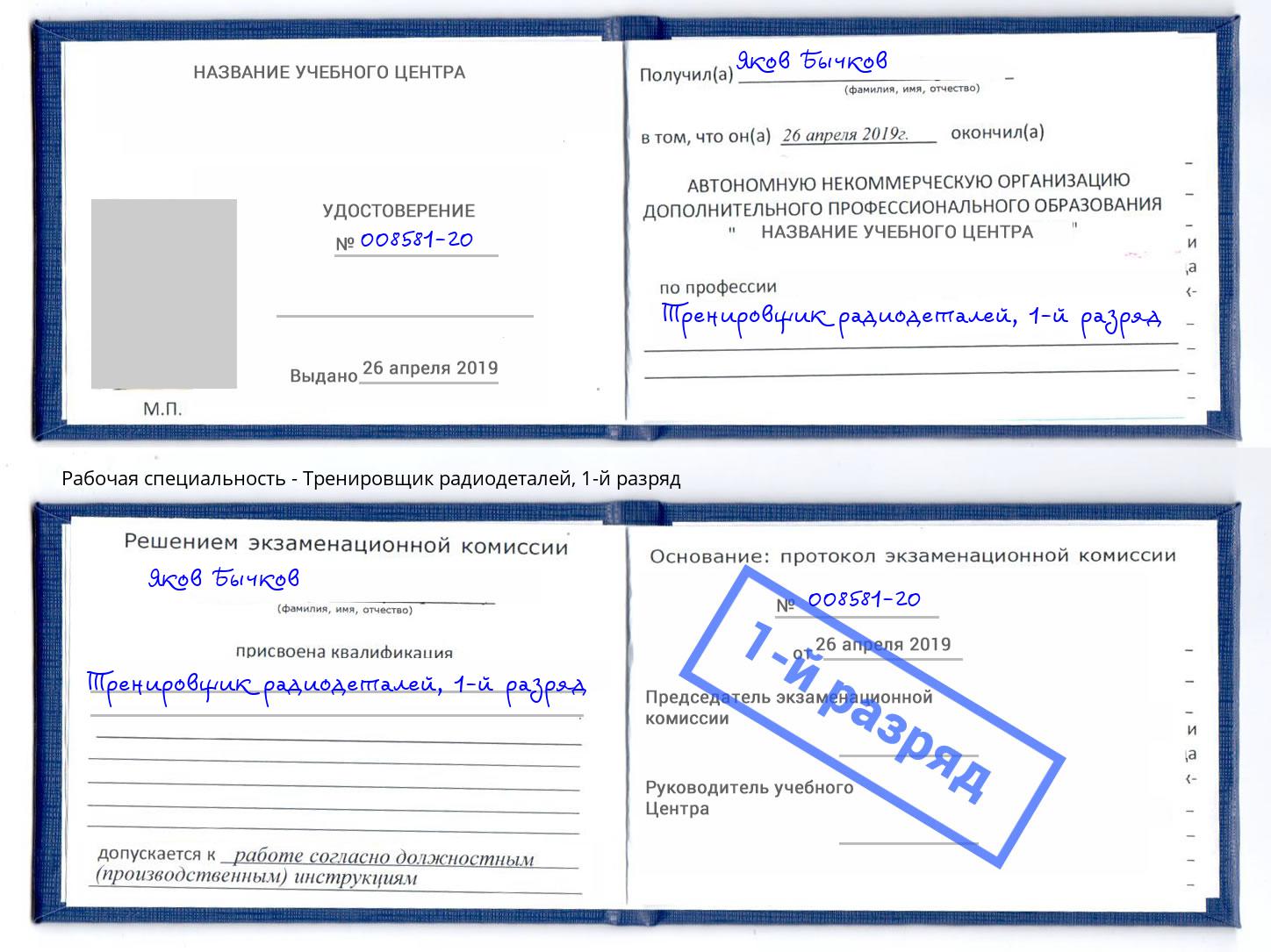 корочка 1-й разряд Тренировщик радиодеталей Узловая