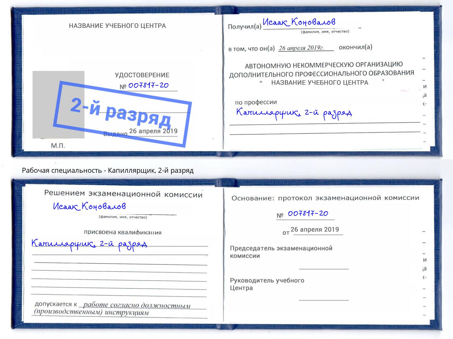 корочка 2-й разряд Капиллярщик Узловая