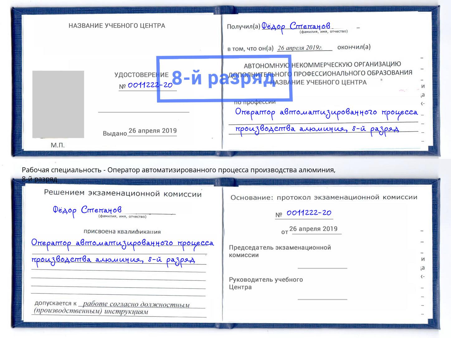 корочка 8-й разряд Оператор автоматизированного процесса производства алюминия Узловая