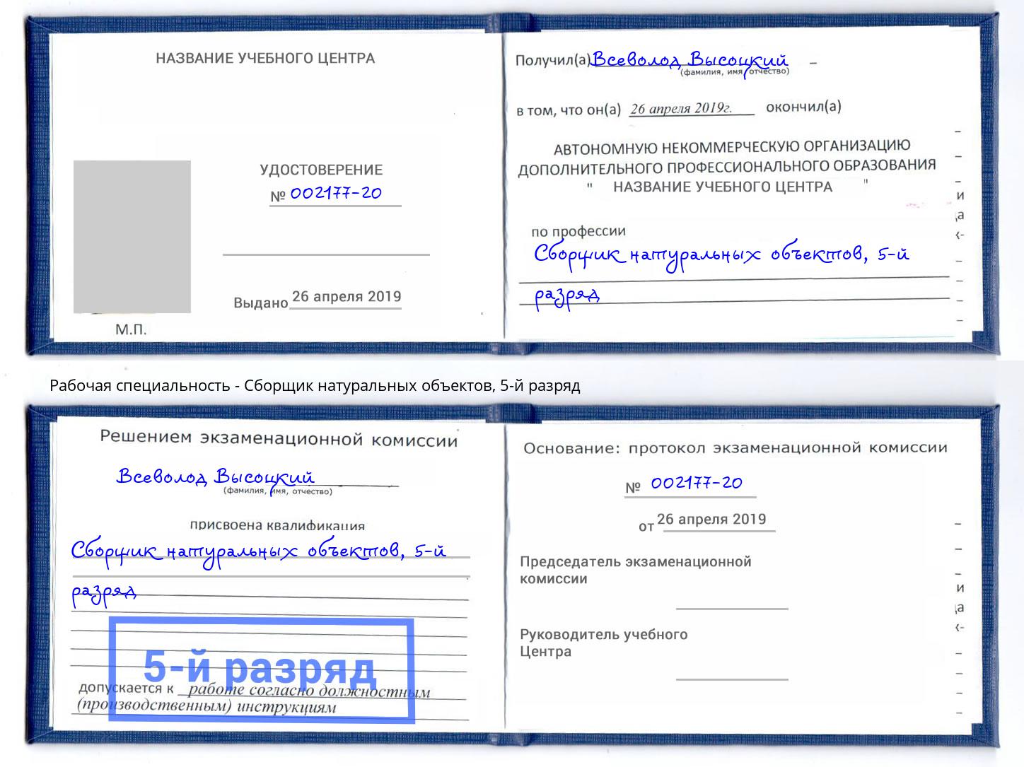 корочка 5-й разряд Сборщик натуральных объектов Узловая