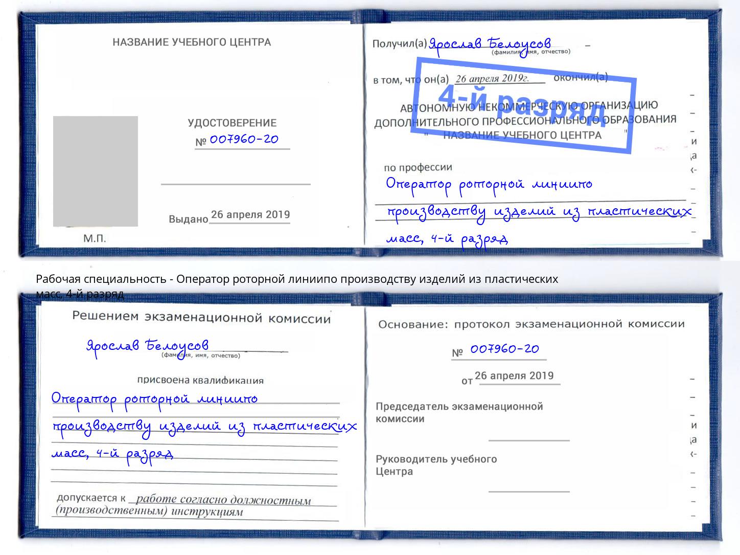 корочка 4-й разряд Оператор роторной линиипо производству изделий из пластических масс Узловая