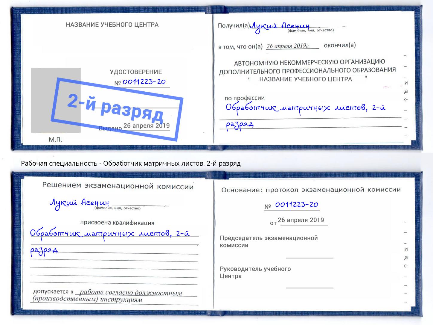 корочка 2-й разряд Обработчик матричных листов Узловая