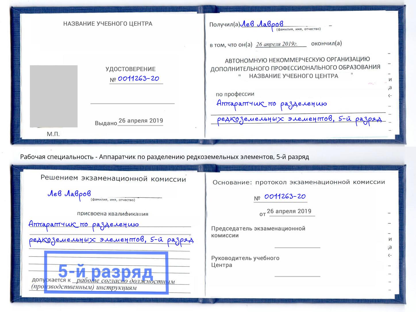 корочка 5-й разряд Аппаратчик по разделению редкоземельных элементов Узловая