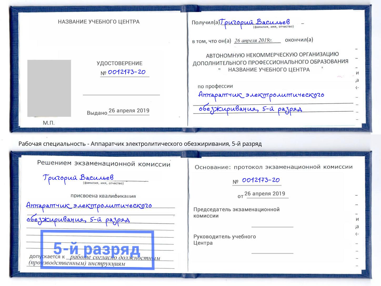 корочка 5-й разряд Аппаратчик электролитического обезжиривания Узловая